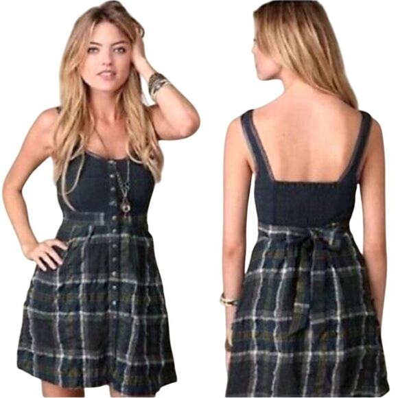Free People Plaid Mini Dress – Button Front Denim Bodice, Grunge Cottagecore  4 - Picture 1 of 9